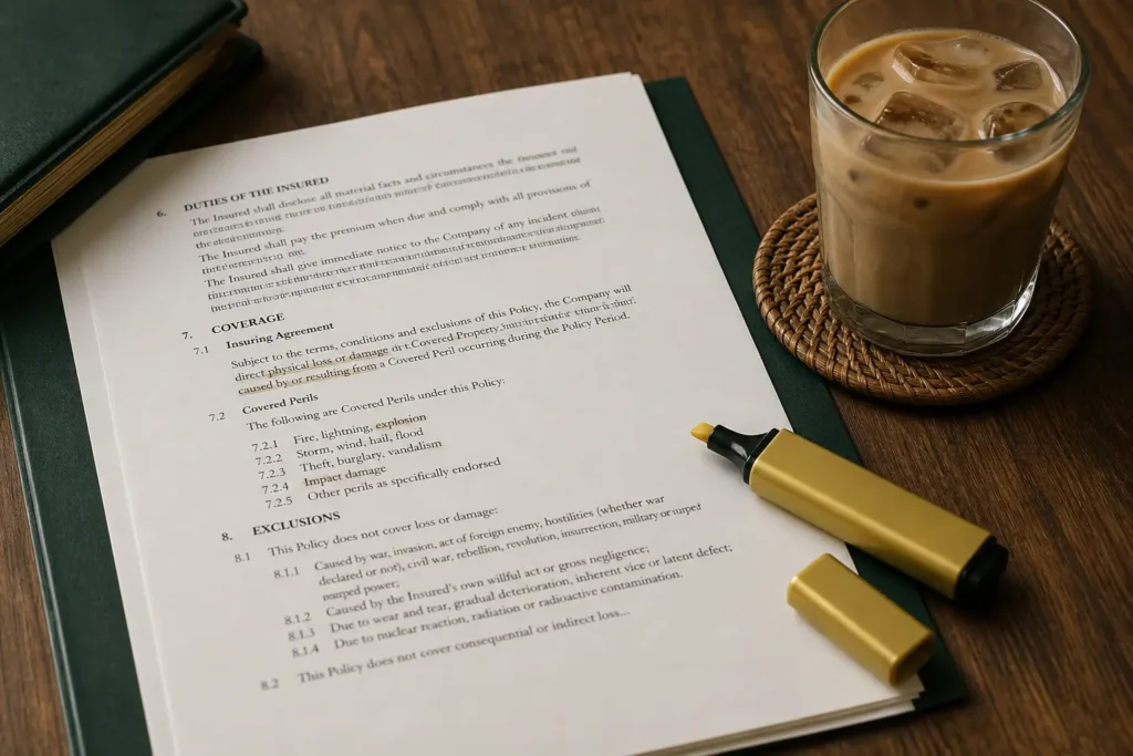 Póliza impresa con cláusulas subrayadas, un marcador y un café frío sobre la mesa
