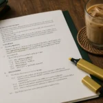 Póliza impresa con cláusulas subrayadas, un marcador y un café frío sobre la mesa