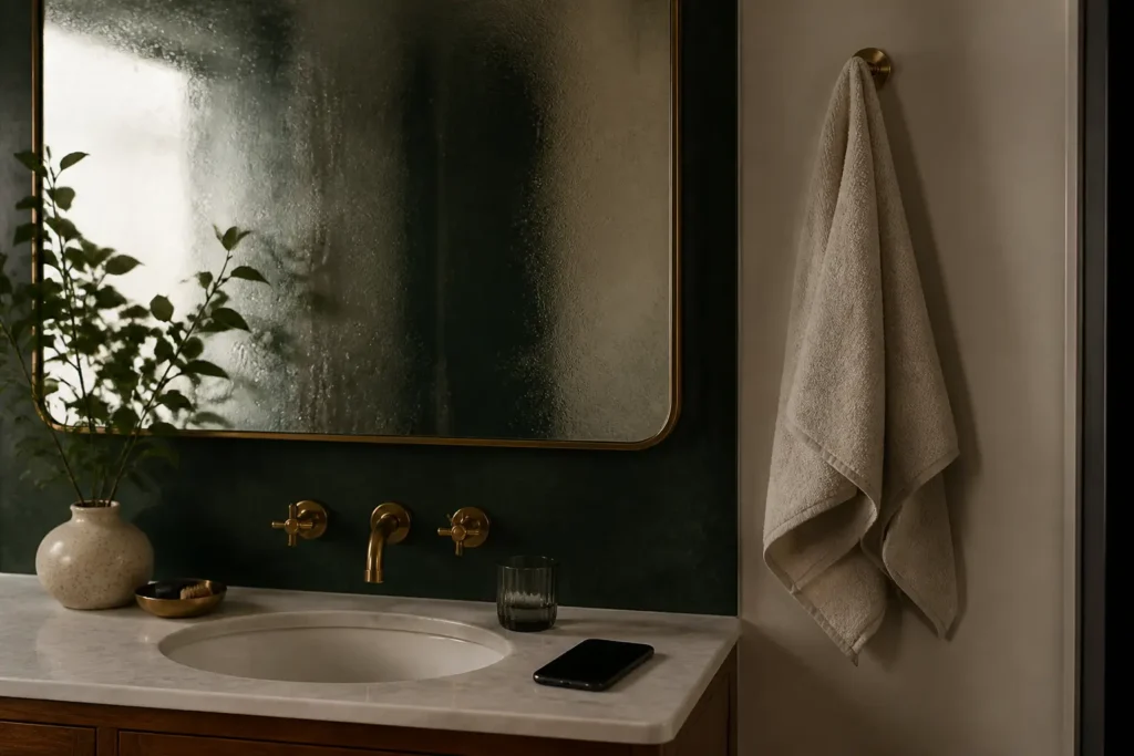 Espejo de baño empañado, toalla colgada y un celular con la pantalla oscura