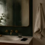 Espejo de baño empañado, toalla colgada y un celular con la pantalla oscura