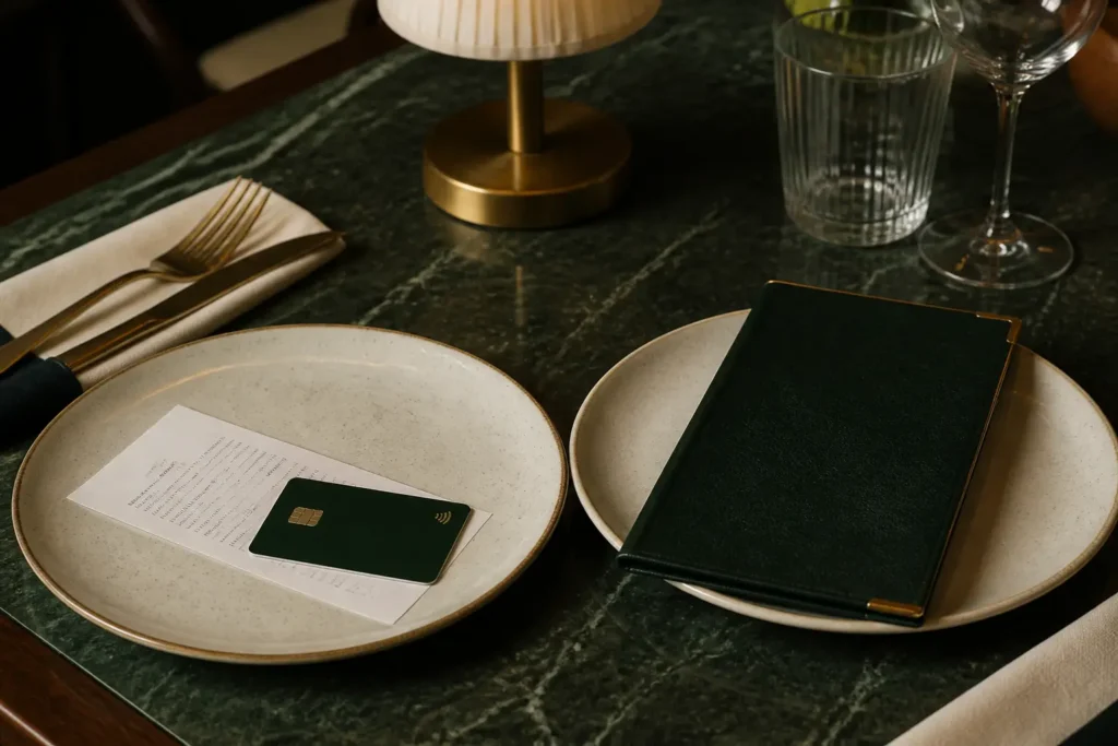 Dos platos en una mesa, uno con la cuenta del restaurante y una tarjeta, el otro con el menú cerrado.