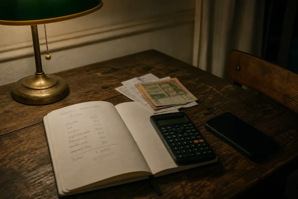 Dos libretas de cuentas abiertas sobre una mesa, una calculadora y dos tazas de café a medio tomar