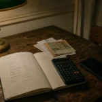 Dos libretas de cuentas abiertas sobre una mesa, una calculadora y dos tazas de café a medio tomar