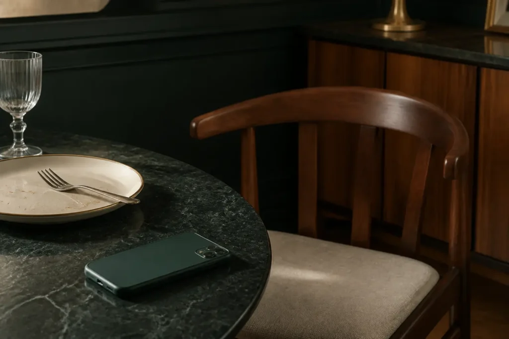 Teléfono boca abajo sobre una mesa, al lado de una silla vacía y un plato sin recoger.