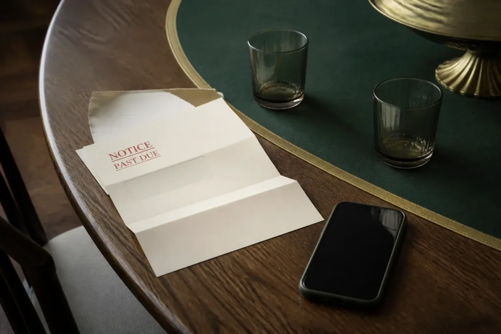 Carta de vencimiento abierta sobre la mesa del comedor, con dos vasos y un celular apagado.