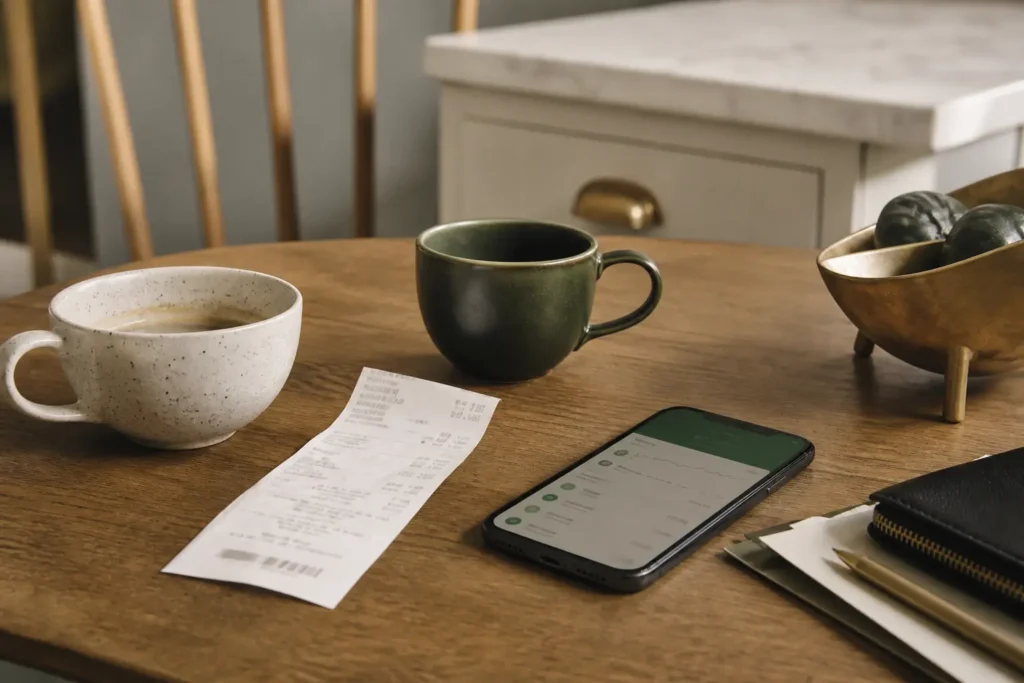 Dos tazas de café y un ticket de supermercado sobre una mesa de cocina, junto a un celular con una app de banco.