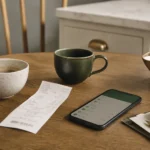 Dos tazas de café y un ticket de supermercado sobre una mesa de cocina, junto a un celular con una app de banco.