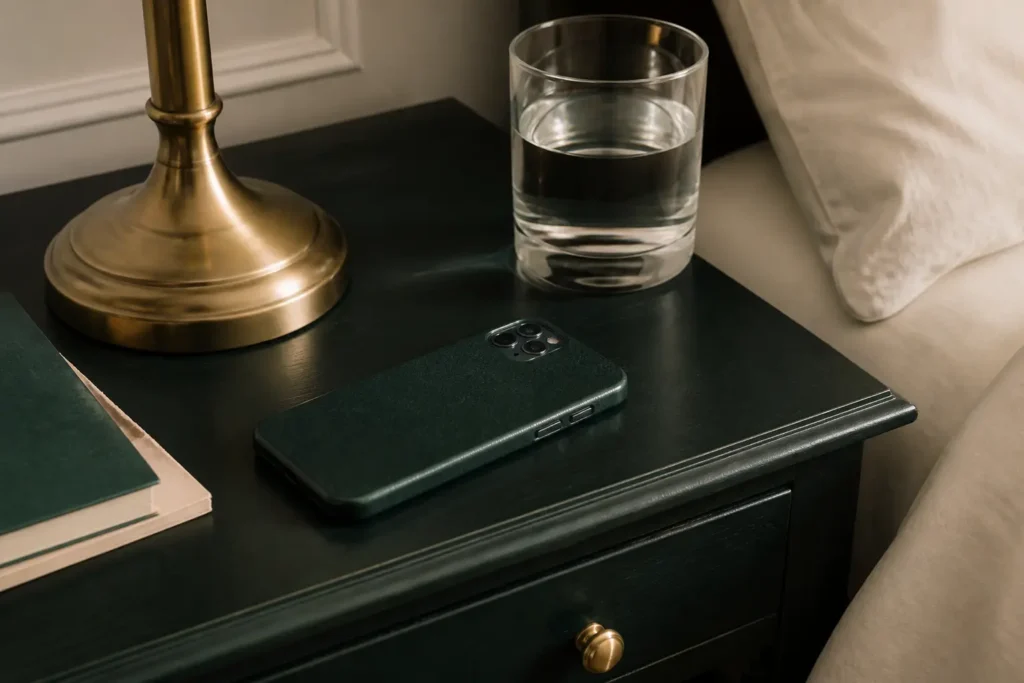 Celular boca abajo sobre una mesa de noche, lámpara apagada y un vaso de agua