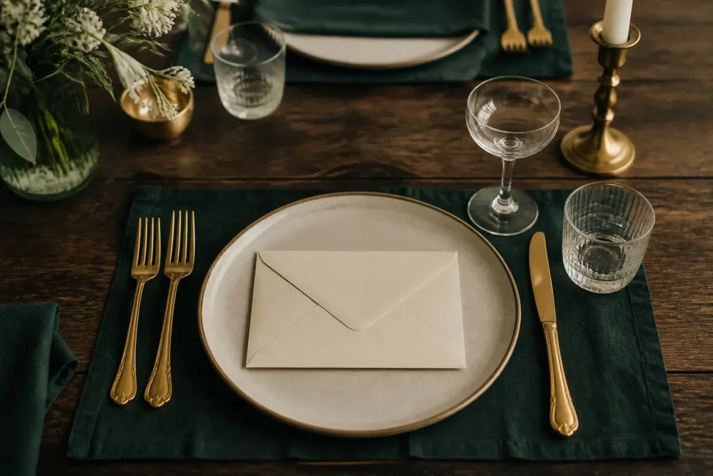 Mesa puesta para dos con un plato sin tocar y un sobre cerrado en el centro