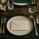 Mesa puesta para dos con un plato sin tocar y un sobre cerrado en el centro