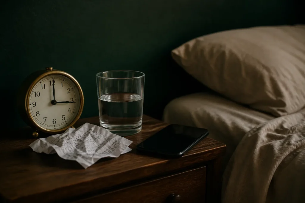 Billetera abierta junto a un extracto bancario y un vaso de agua sobre la mesa de noche