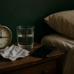 Billetera abierta junto a un extracto bancario y un vaso de agua sobre la mesa de noche