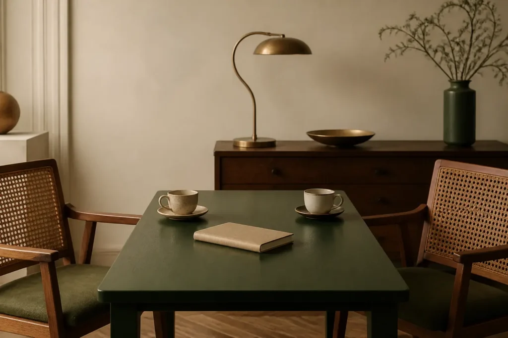 Dos sillas frente a una mesa con un cuaderno cerrado y dos tazas, sin nadie sentado.