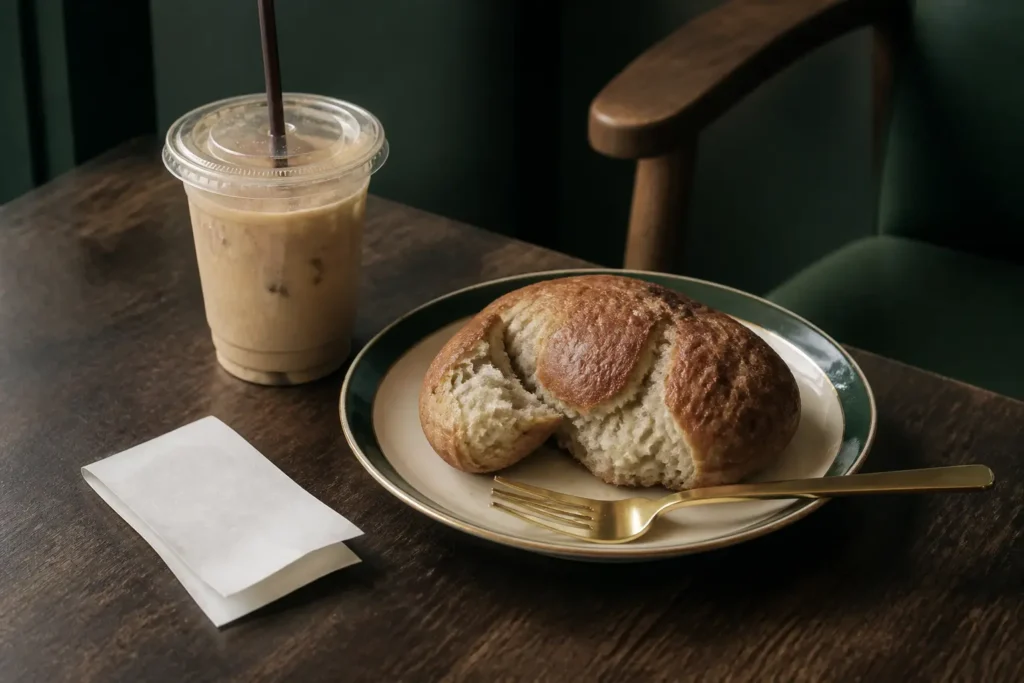 Taza de café frío y un recibo doblado junto a un plato con pan