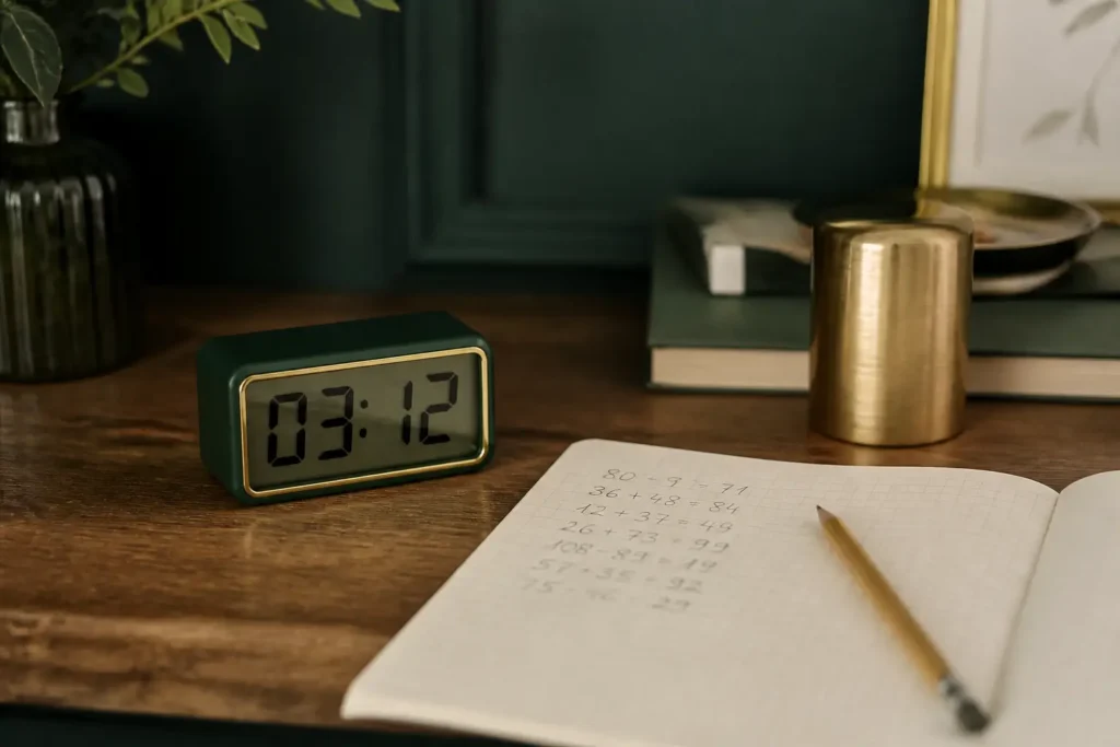 Reloj digital en 03:12 junto a un cuaderno con sumas y un lápiz