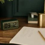 Reloj digital en 03:12 junto a un cuaderno con sumas y un lápiz