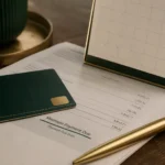 Tarjeta de crédito junto a un extracto con la línea de pago mínimo subrayada y un calendario de mesa.