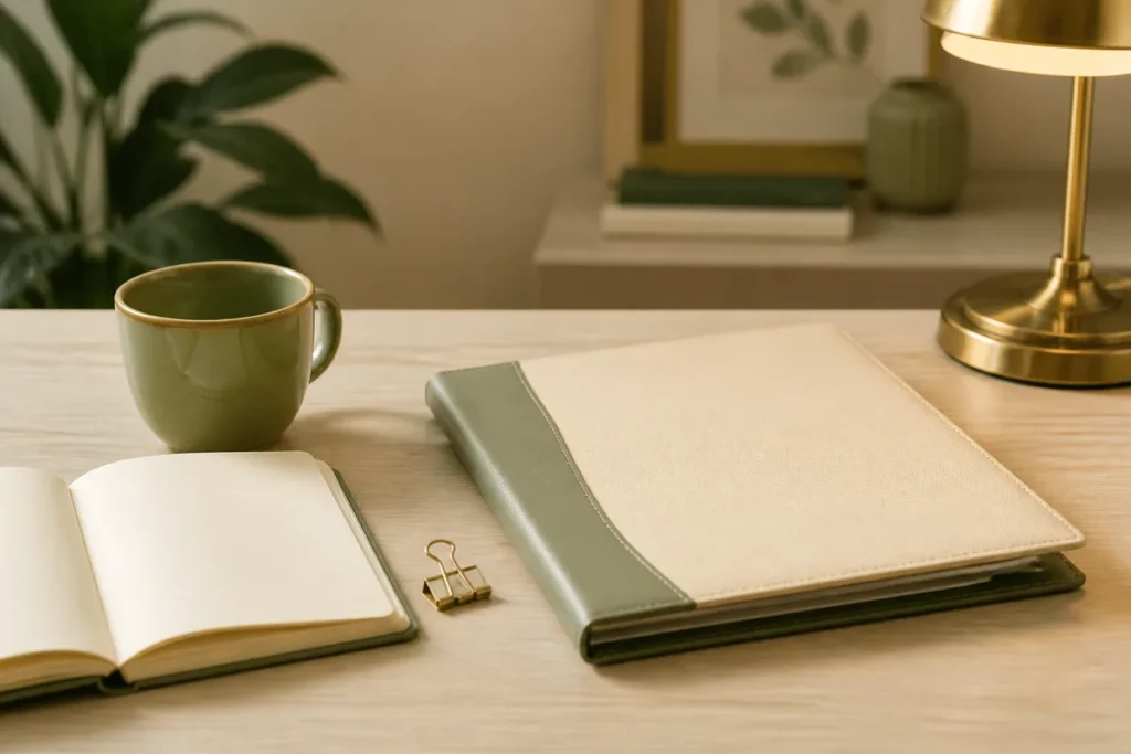 Mesa de madera clara con pólizas, cuaderno y lámpara, tonos crema verde y dorado, sin personas