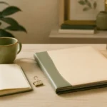 Mesa de madera clara con pólizas, cuaderno y lámpara, tonos crema verde y dorado, sin personas