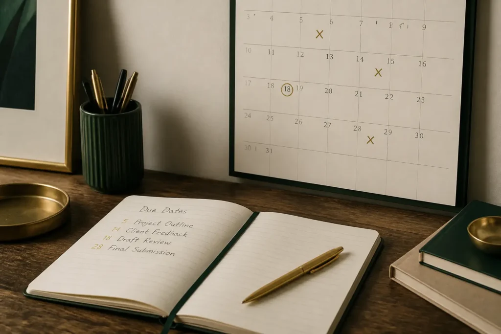 Cuaderno con fechas de vencimiento y un calendario de pared con días marcados, sobre un escritorio sencillo.