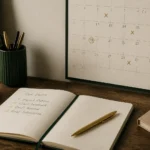 Cuaderno con fechas de vencimiento y un calendario de pared con días marcados, sobre un escritorio sencillo.