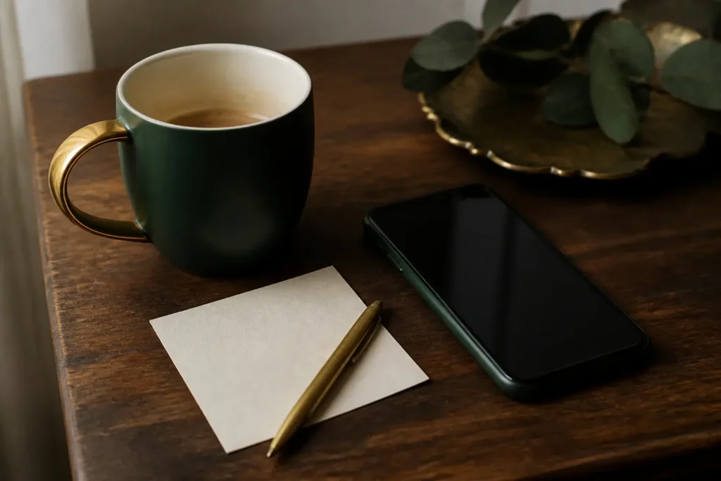 Teléfono junto a un papel con un número y una taza sobre la mesa