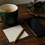 Teléfono junto a un papel con un número y una taza sobre la mesa