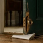 Puerta de casa con cerradura forzada y una póliza doblada sobre el umbral, sin personas